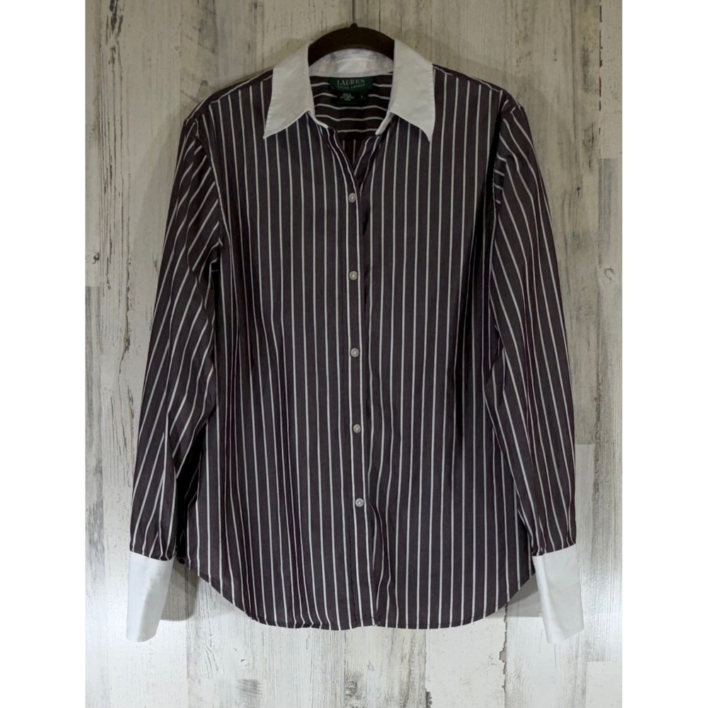 LRL Ralph Lauren Shirt Large Purple White Striped Contrast Collar French Cuff
